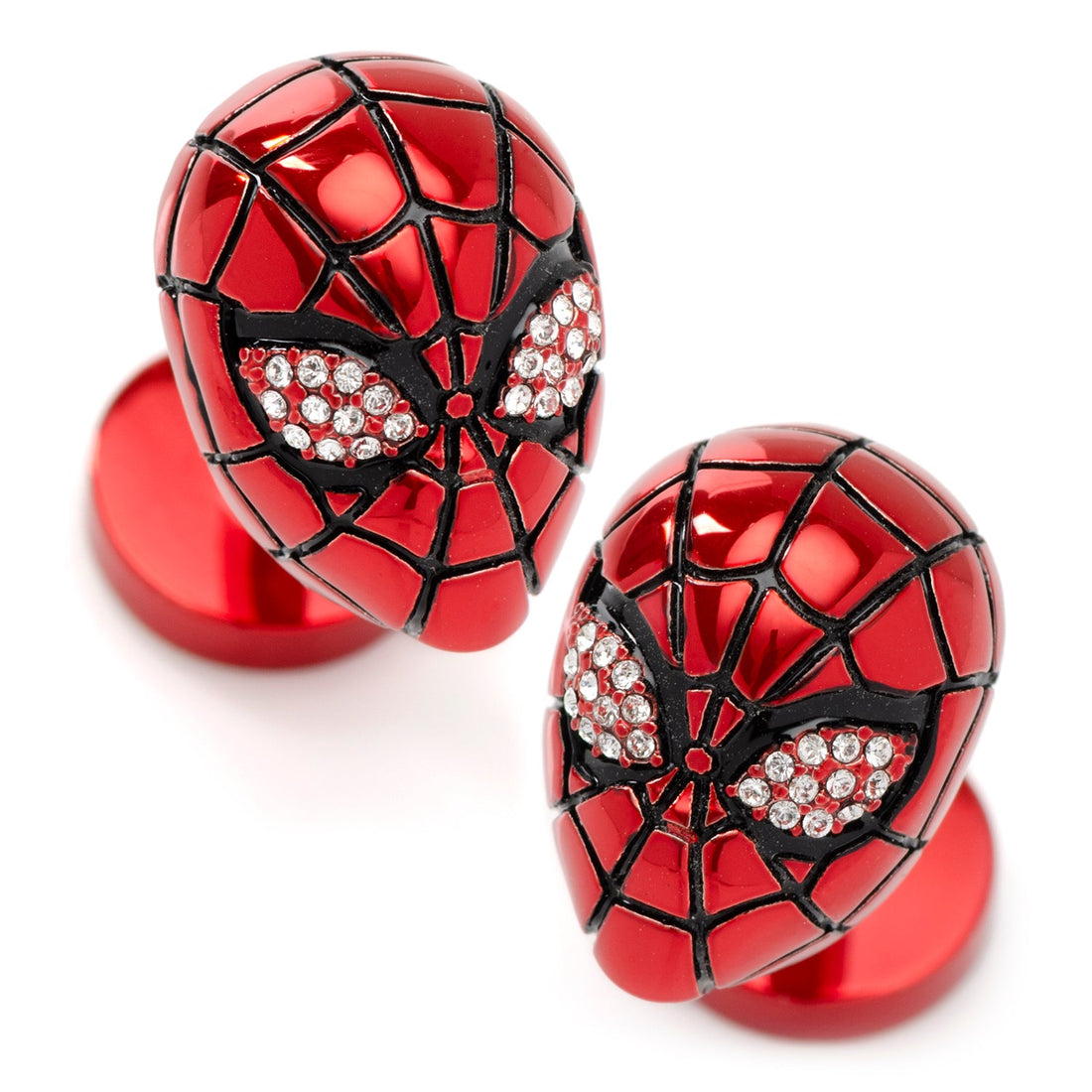 Close up of a pair of red Marvel Spider-Man mask cufflinks with pave crystal eyes