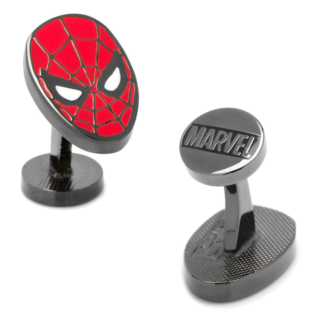 A pair of Marvel Spider-Man mask cufflinks in black and red metal with Marvel branding on the toggle.