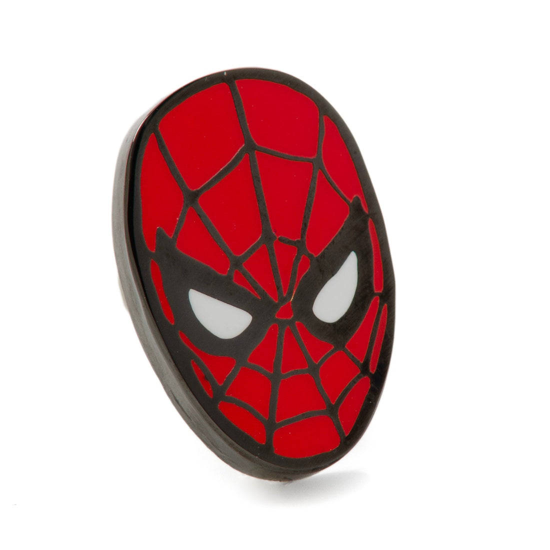 Close-up of a Spider-Man mask lapel pin featuring red and black enamel on a silver-tone metal backing.
