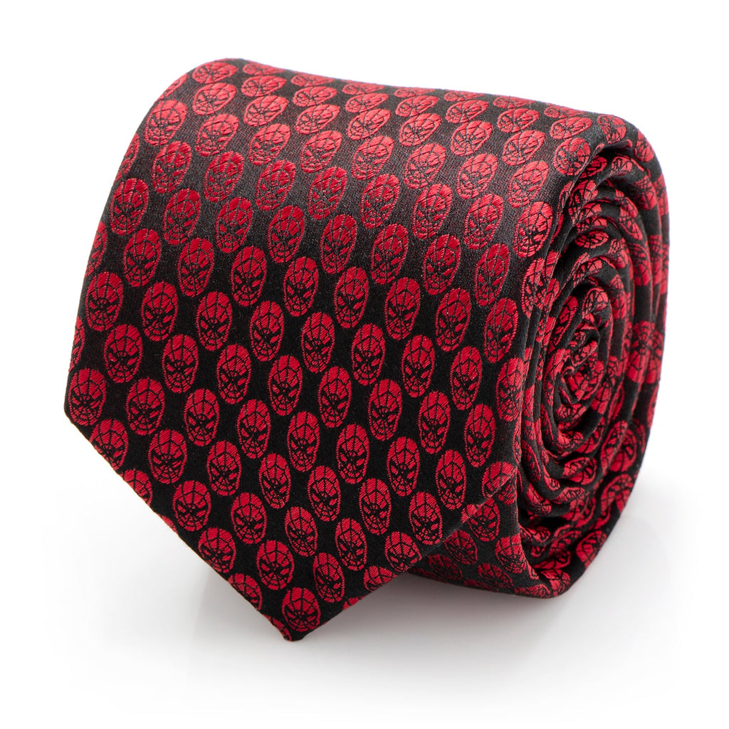 Close up view of a red and black Marvel Spider-Man mask patterned silk necktie.