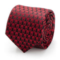 Close up view of a red and black Marvel Spider-Man mask patterned silk necktie.
