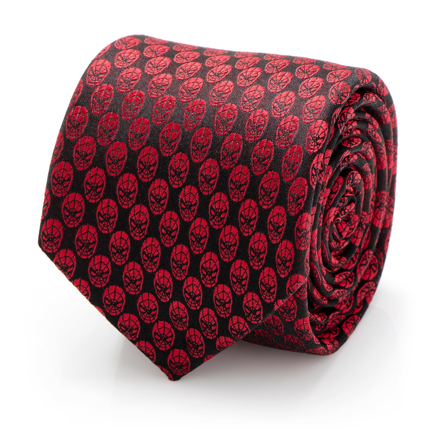 Close up view of a red and black Marvel Spider-Man mask patterned silk necktie.