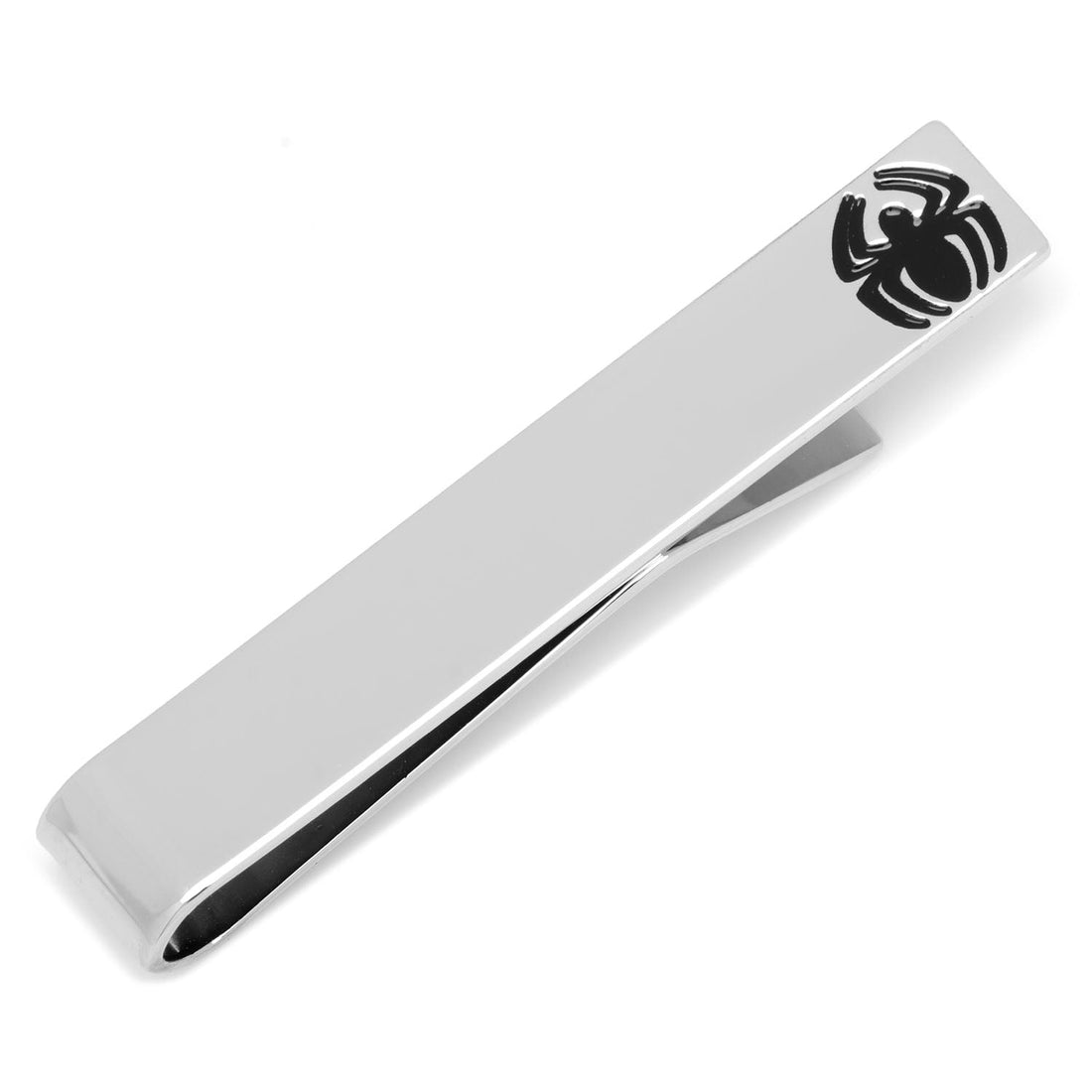 A silver-tone metal tie bar with a recessed black enamel Spider-Man logo displayed on a white background.