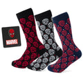 A 3-pack of Marvel Spider-Man crew socks in black/red, grey/black, and navy/red alongside a Spider-Man head lapel pin.