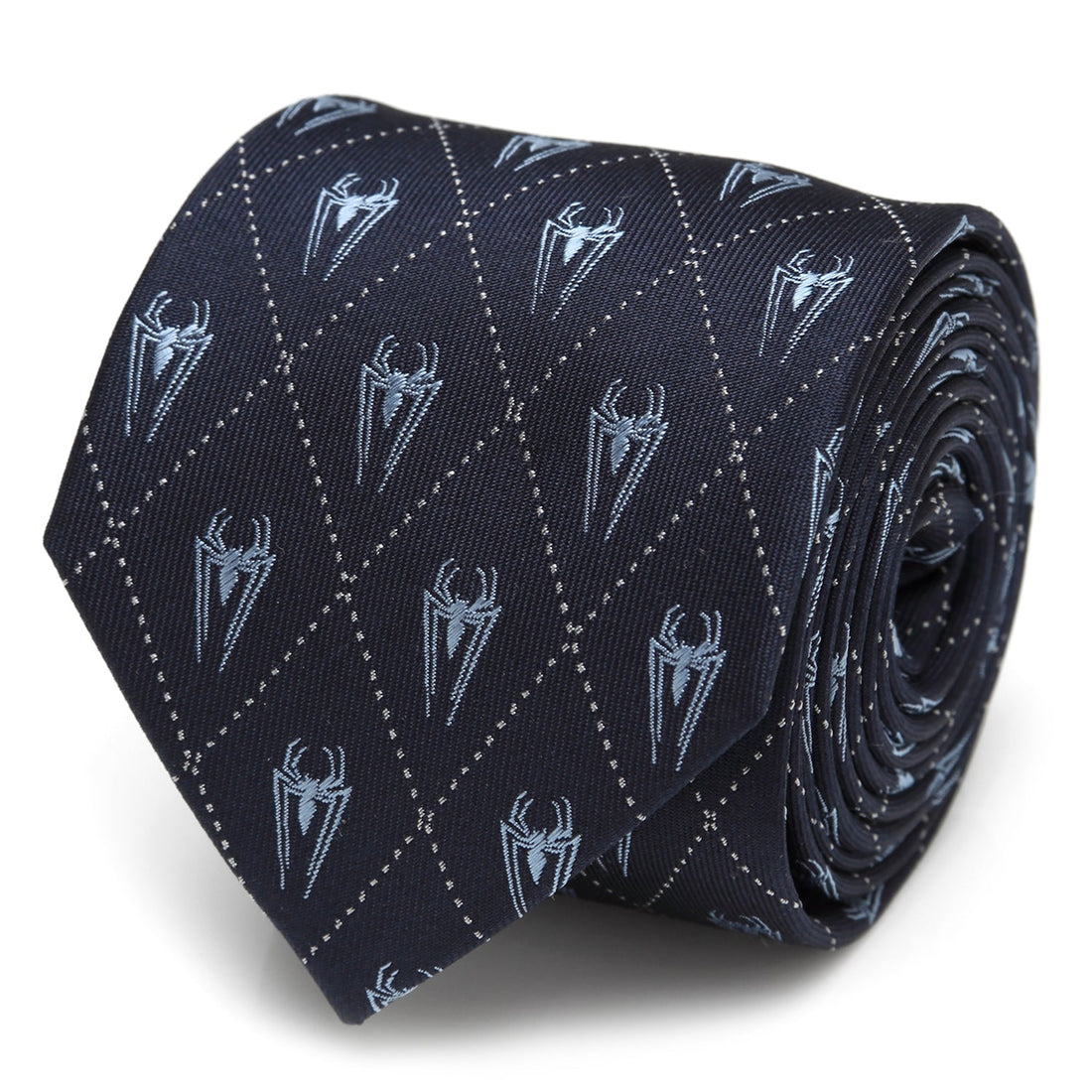Close up of a navy blue silk necktie with a pale blue diamond grid pattern and Spider-Man icon print.