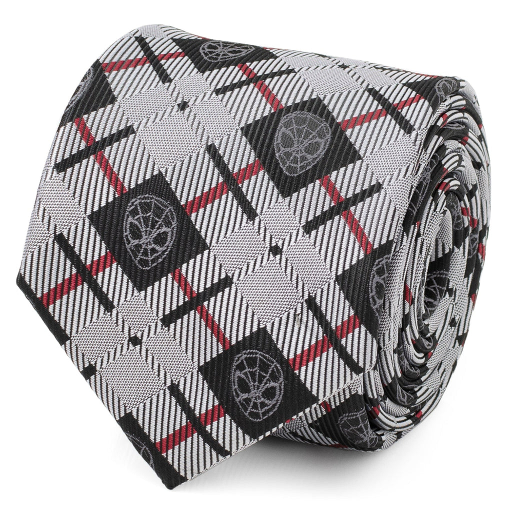 A close-up view of a Marvel Spider-Man patterned necktie in black, light gray, and red plaid.