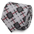 A close-up view of a Marvel Spider-Man patterned necktie in black, light gray, and red plaid.