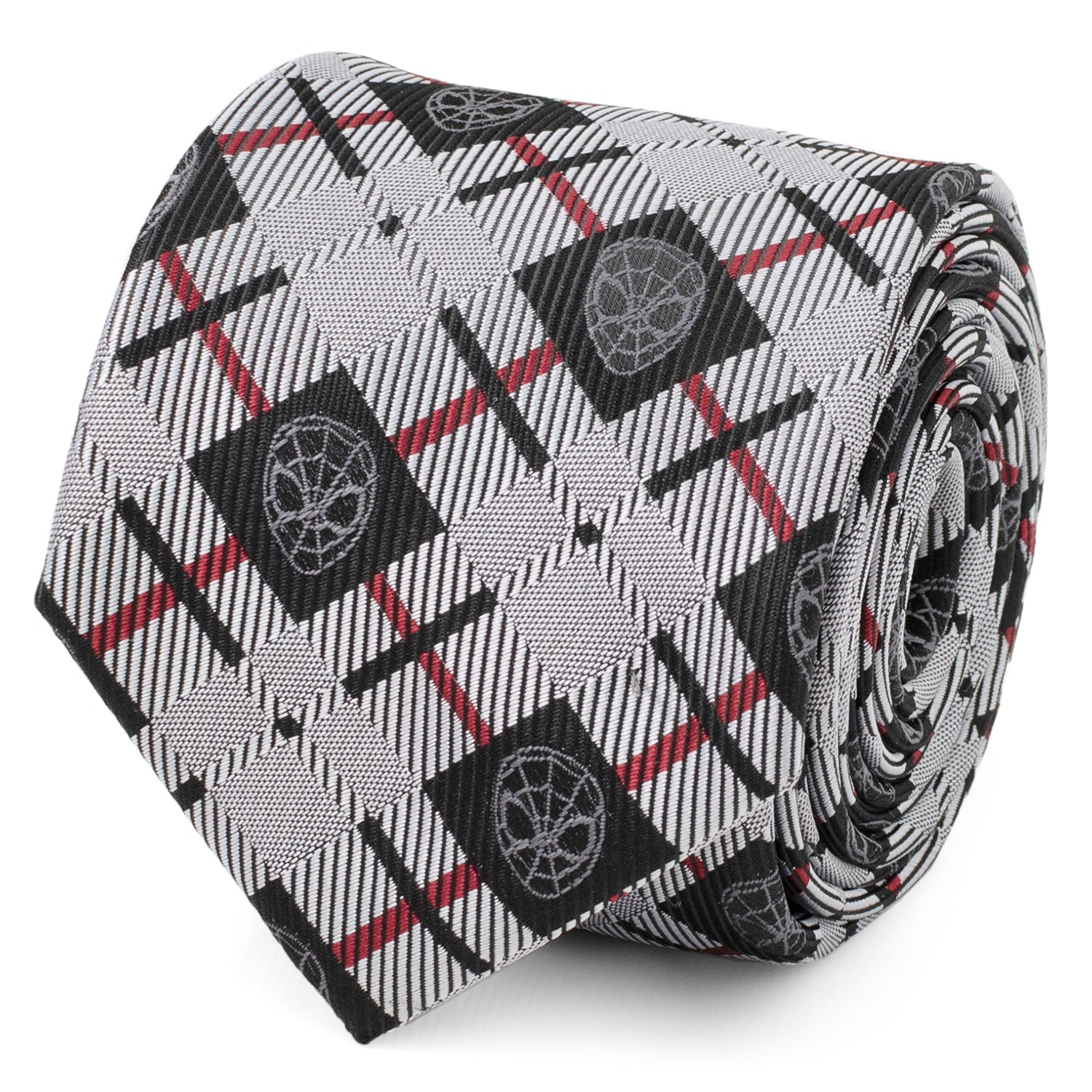 A close-up view of a Marvel Spider-Man patterned necktie in black, light gray, and red plaid.
