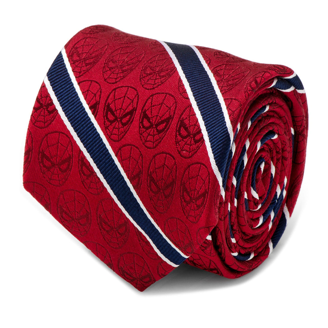 A red and navy striped silk tie with scattered Spider-Man face patterns, tied in a professional knot.