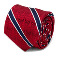 A red and navy striped silk tie with scattered Spider-Man face patterns, tied in a professional knot.