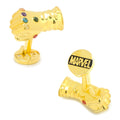 A pair of gold-tone Marvel Thanos Infinity Gauntlet cufflinks featuring colorful embedded stones and Marvel branding on the backings.