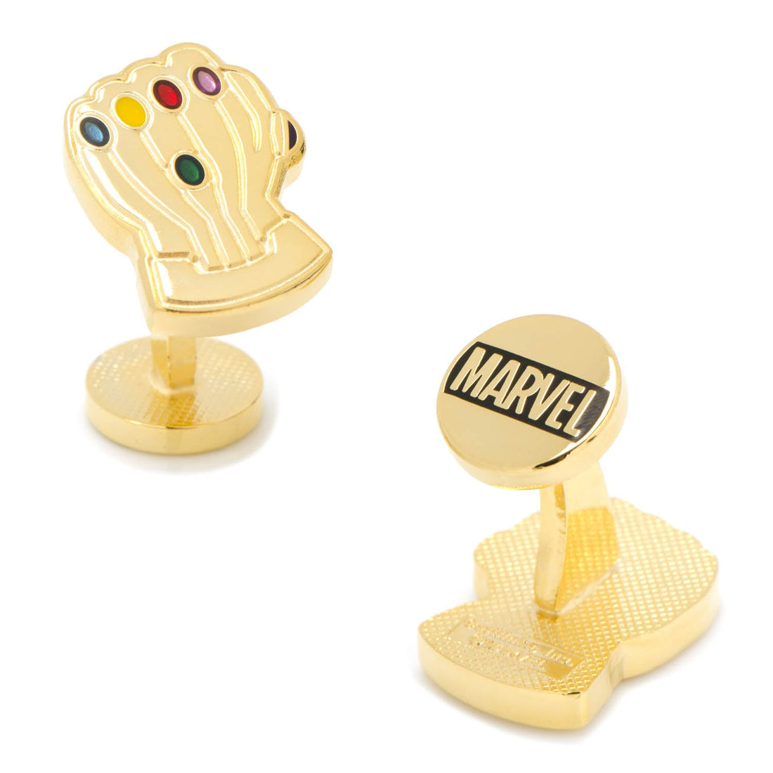 A pair of gold-toned Thanos Infinity Gauntlet cufflinks featuring colorful Infinity Stones, with the Marvel logo on the reverse backing.