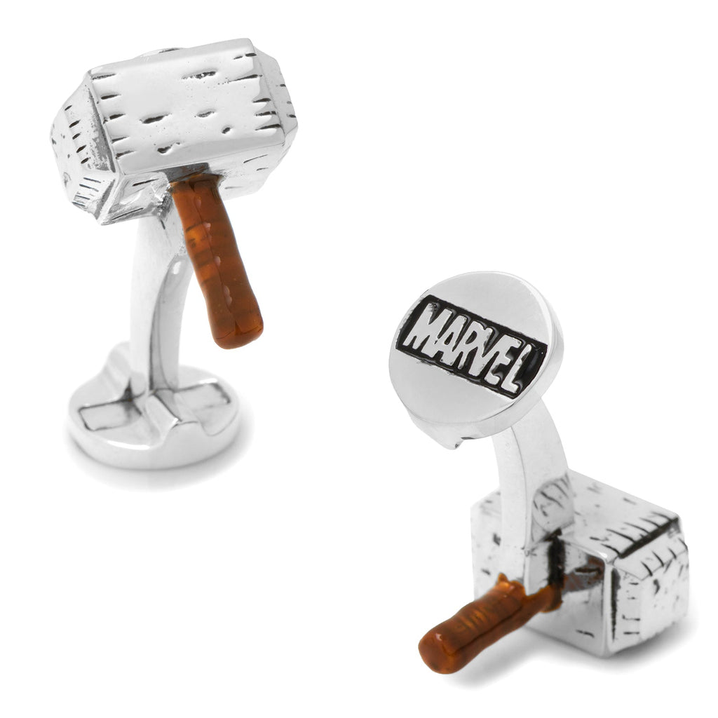 A pair of 3D Marvel Thor Mjolnir hammer cufflinks featuring silver hammer heads and brown handles with a Marvel logo swivel backing.