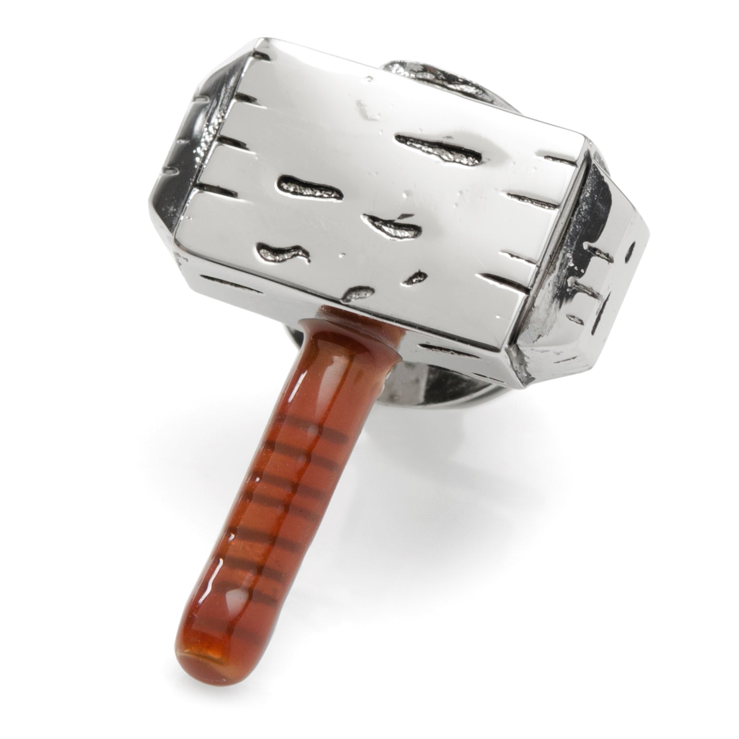 Marvel Thor Mjolnir hammer lapel pin featuring a silver hammer head and brown handle.