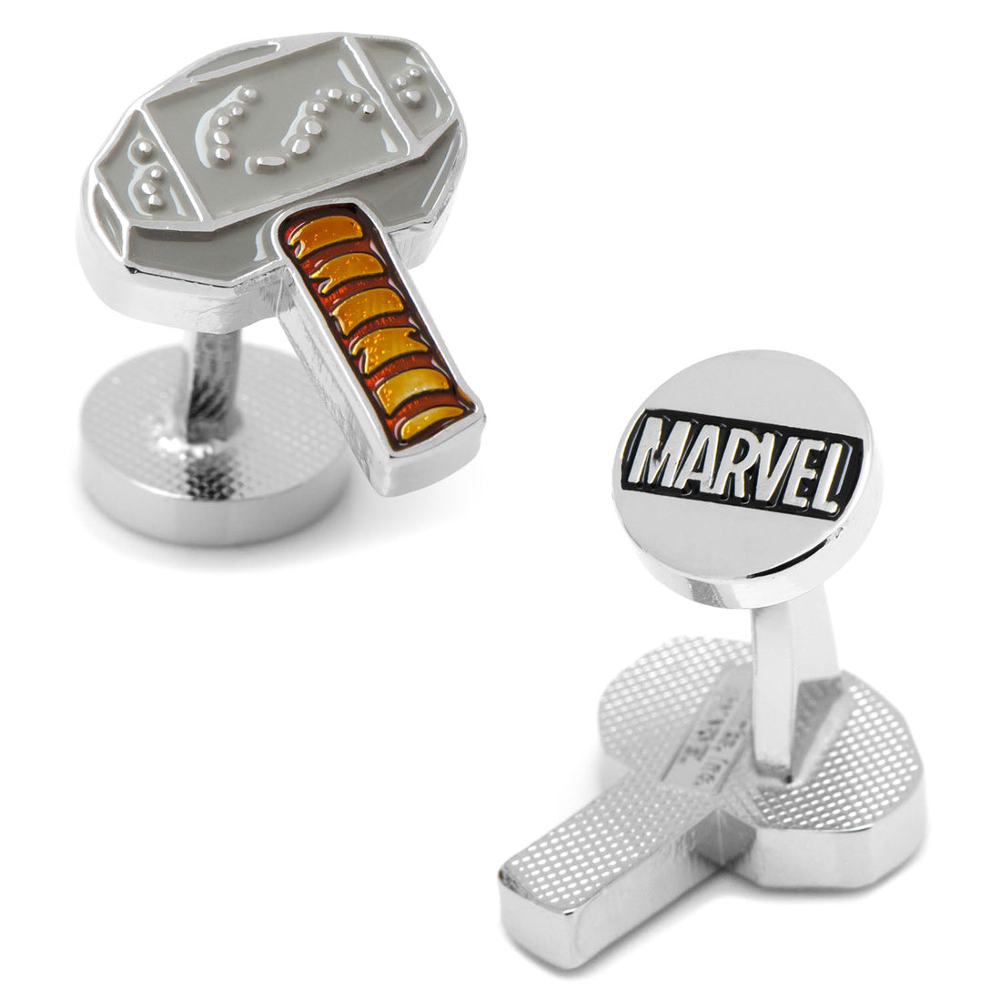 A pair of Marvel Thor Hammer Mjolnir cufflinks with silver finish and brown handle detailing.