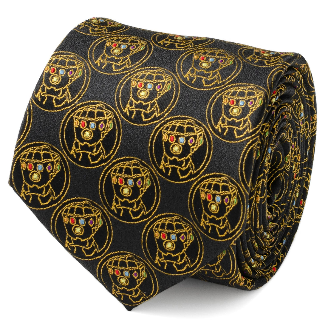 A black silk necktie featuring a repeating pattern of the Marvel Thanos Infinity Gauntlet in gold thread with colorful Infinity Stones.