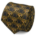 A black silk necktie featuring a repeating pattern of the Marvel Thanos Infinity Gauntlet in gold thread with colorful Infinity Stones.