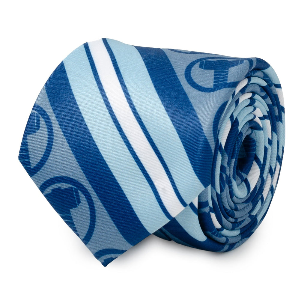 Marvel Thor blue striped necktie featuring Mjolnir hammer icons displayed on a mannequin and rolled up.
