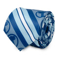 Marvel Thor blue striped necktie featuring Mjolnir hammer icons displayed on a mannequin and rolled up.