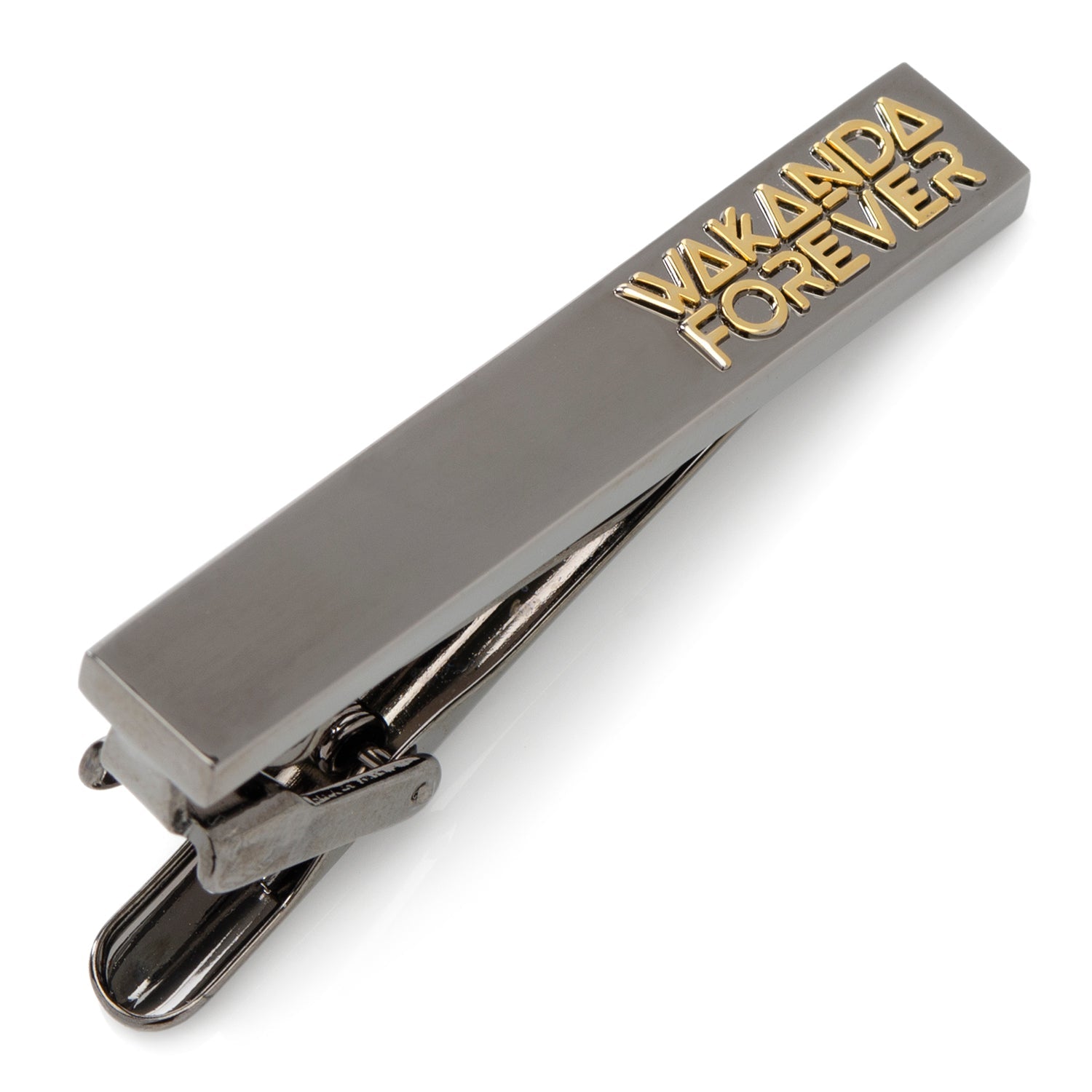 Marvel Black Panther Wakanda Forever tie clip in gunmetal with gold lettering displayed on a grey tie.