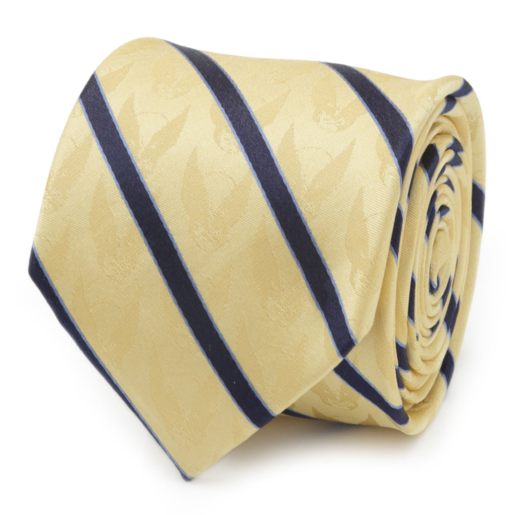 Marvel X-Men Wolverine yellow silk necktie with navy stripes and woven mask pattern