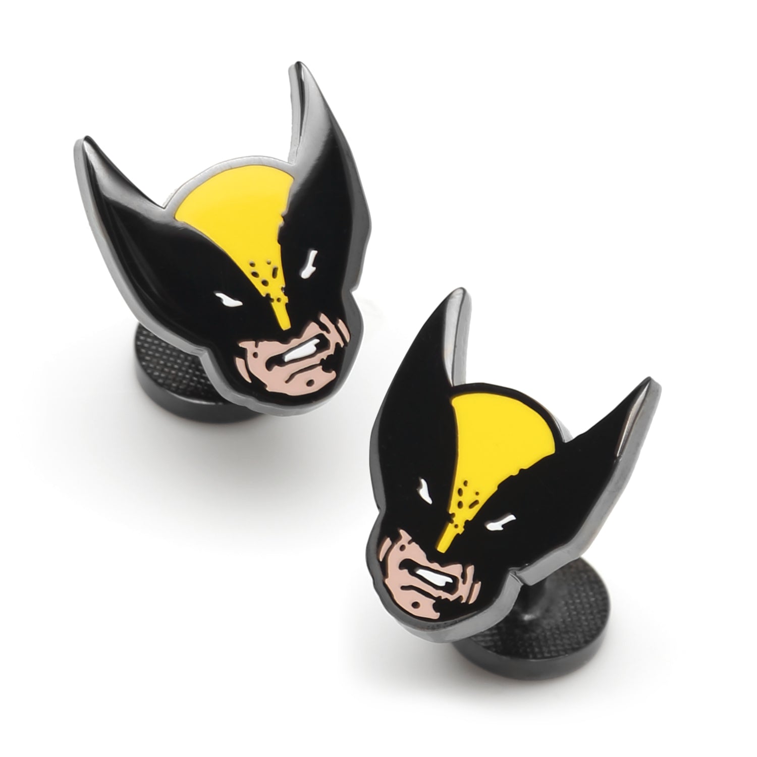 Close up of Marvel Wolverine mask shaped cufflinks in black and yellow metal on a white background