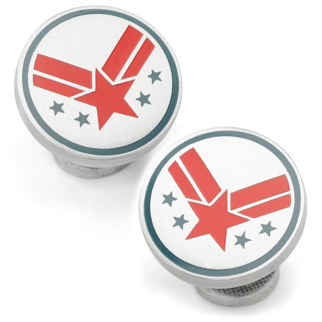 A pair of round Marvel War Machine cufflinks with a matte silver finish, red star and wing design, and blue accents, shown from front and back view.