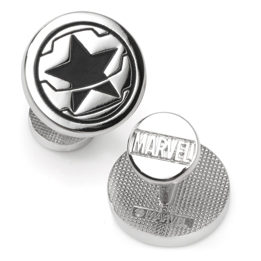 Marvel Winter Soldier star logo cufflinks in matte black and silver tone