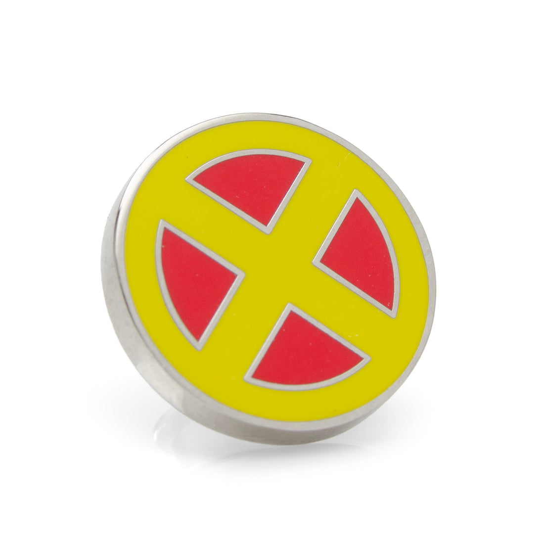 Close up of a round Marvel X-Men logo lapel pin with red and yellow enamel, pinned onto a grey suit jacket lapel.