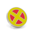 Close up of a round Marvel X-Men logo lapel pin with red and yellow enamel, pinned onto a grey suit jacket lapel.