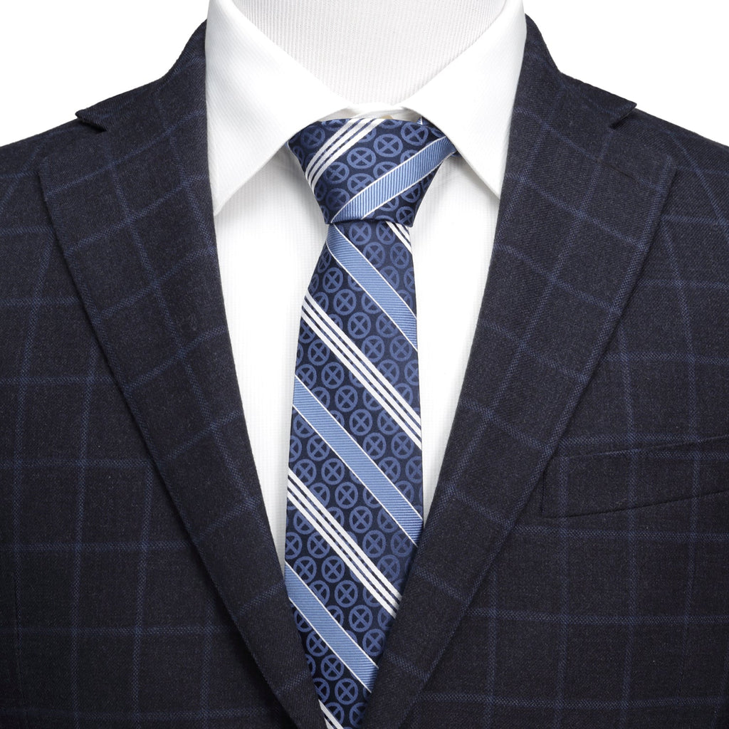 Marvel X-Men Symbol Navy Blue Striped Silk Men's Necktie - Image 2