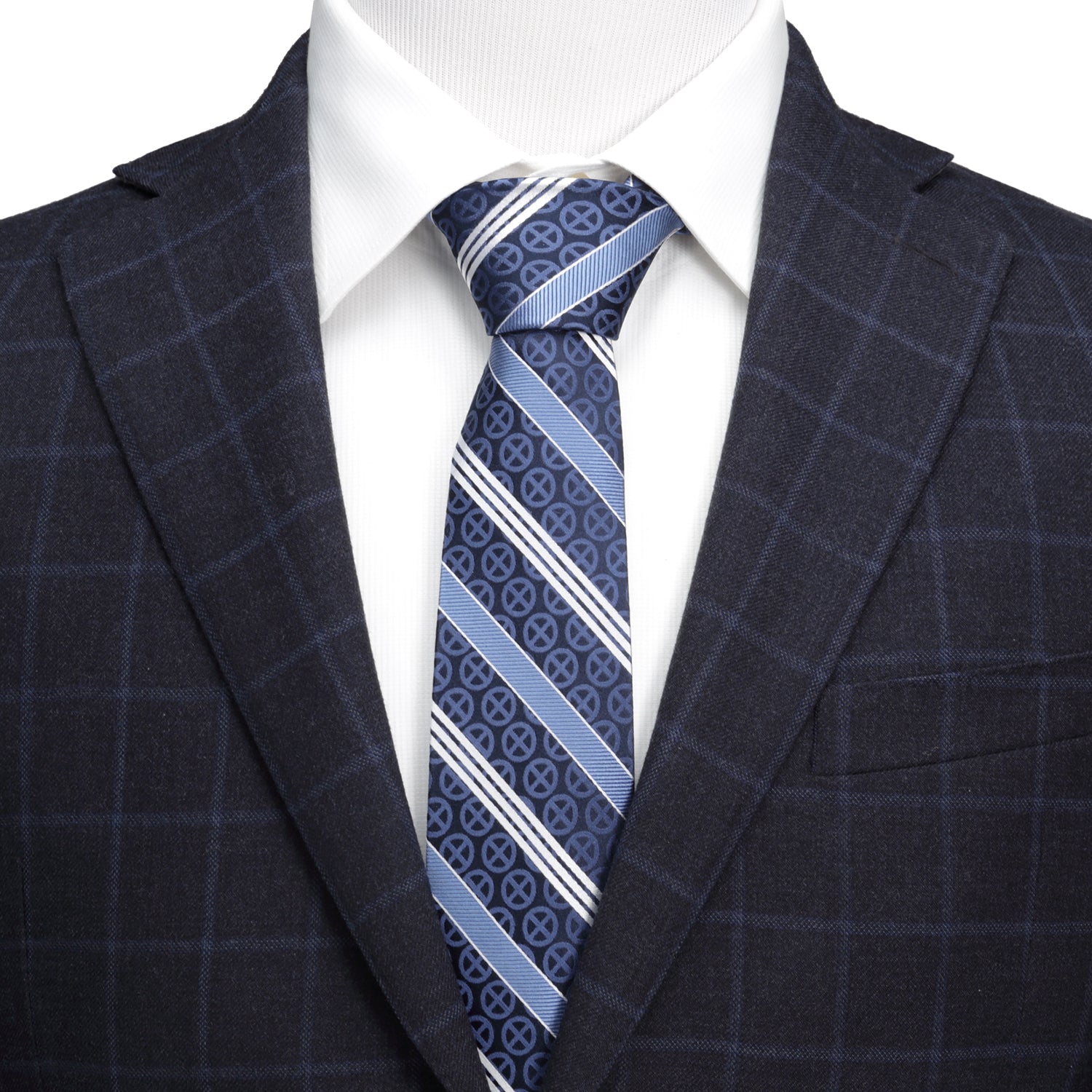 Marvel X-Men Symbol Navy Blue Striped Silk Men's Necktie - Image 2