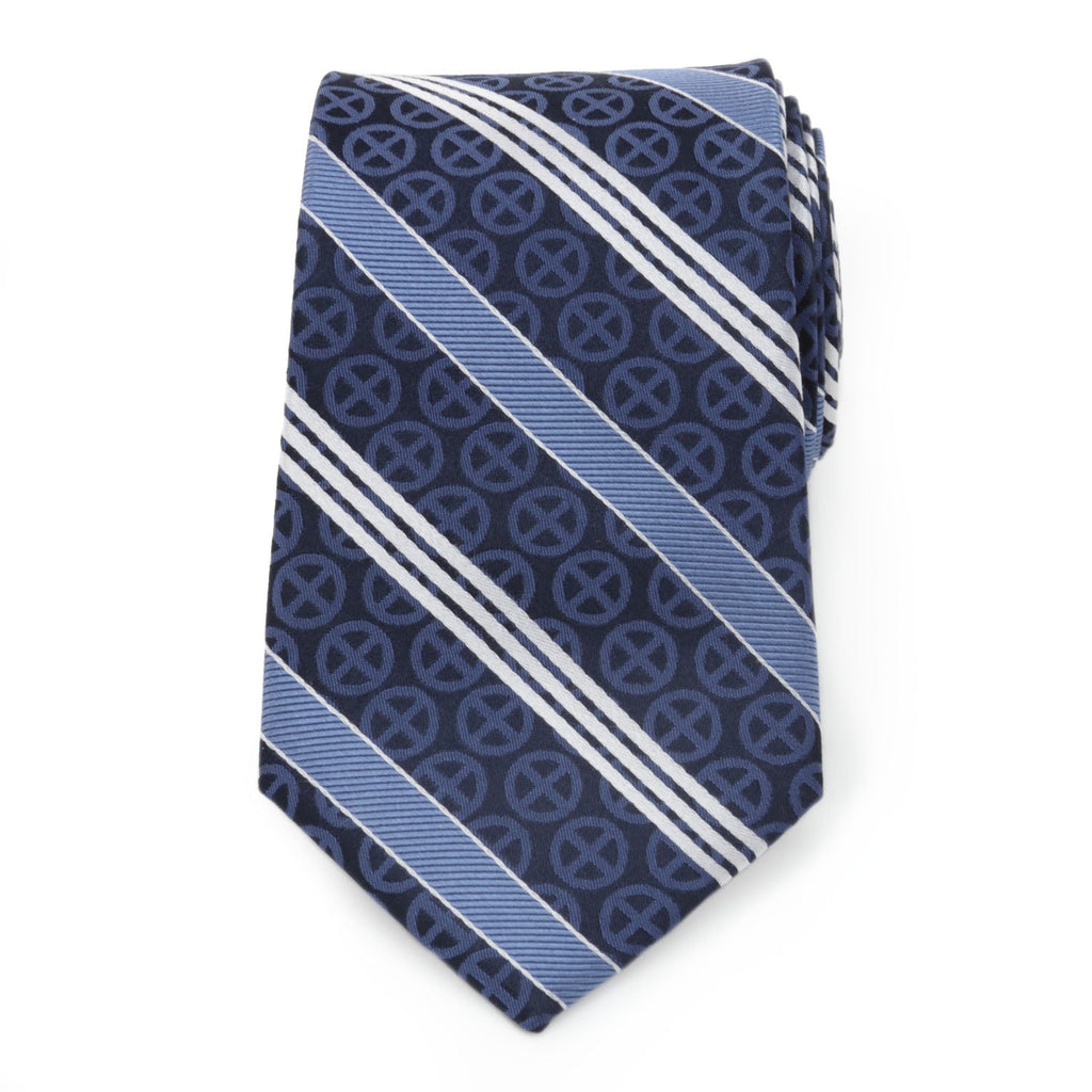 Marvel X-Men Symbol Navy Blue Striped Silk Men's Necktie - Image 3