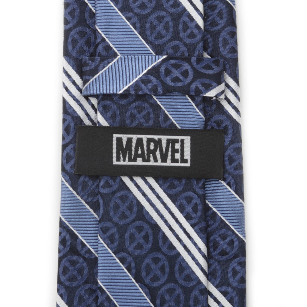 Marvel X-Men Symbol Navy Blue Striped Silk Men's Necktie - Image 4