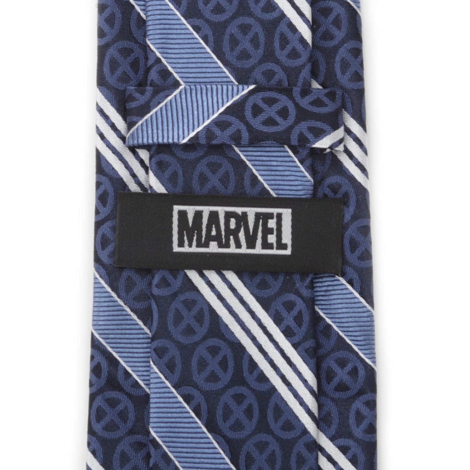 Marvel X-Men Symbol Navy Blue Striped Silk Men's Necktie - Image 4