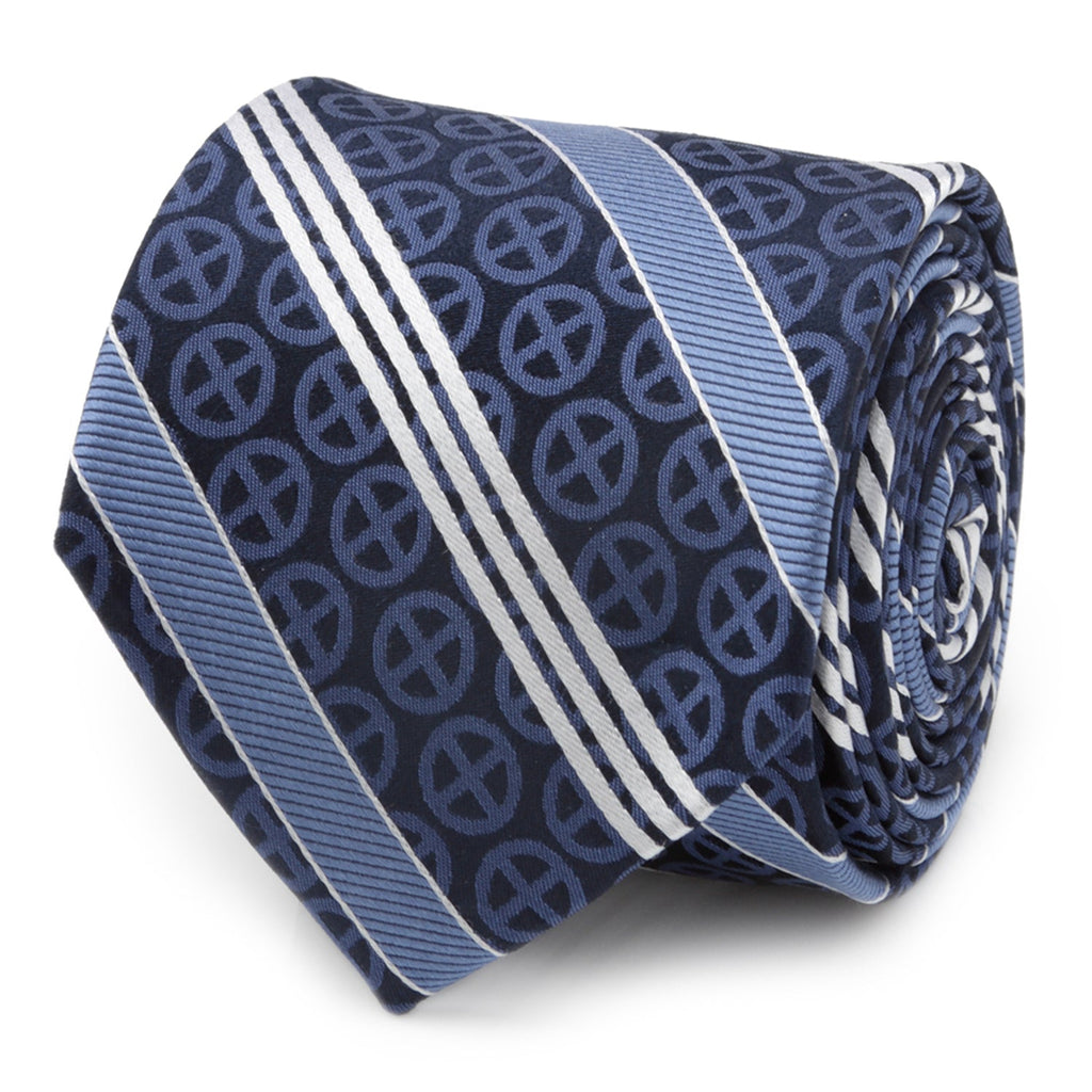 A navy blue silk necktie featuring a repeating X-Men symbol pattern and white and blue diagonal stripes on a white background.