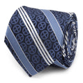 A navy blue silk necktie featuring a repeating X-Men symbol pattern and white and blue diagonal stripes on a white background.