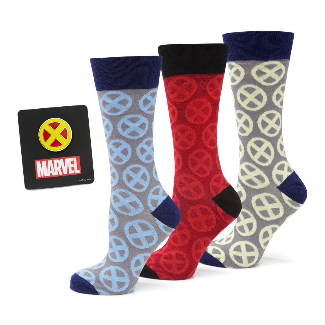 Three pairs of X-Men crew socks in grey/blue, red, and grey/yellow with a matching Marvel X-Men metal lapel pin.
