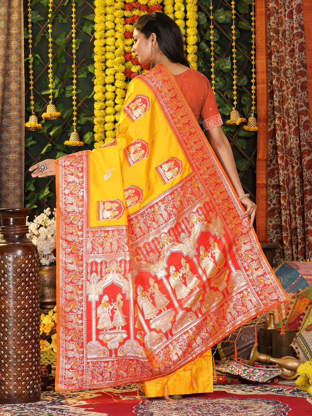 Vibrant Yellow Silk Saree with Contrast Orange Blouse Piece