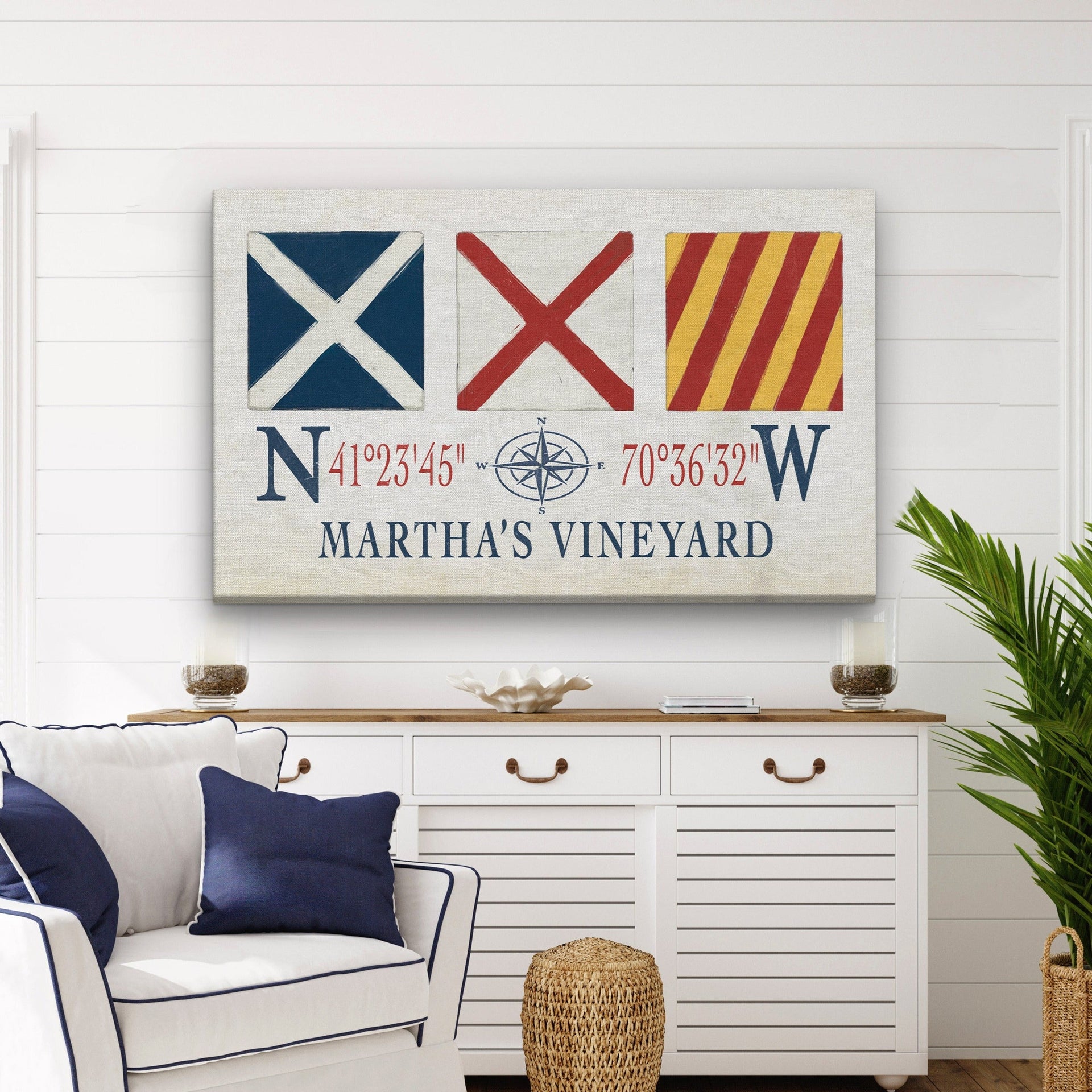 Martha's Vineyard canvas wall art featuring nautical signal flags and vintage map details.