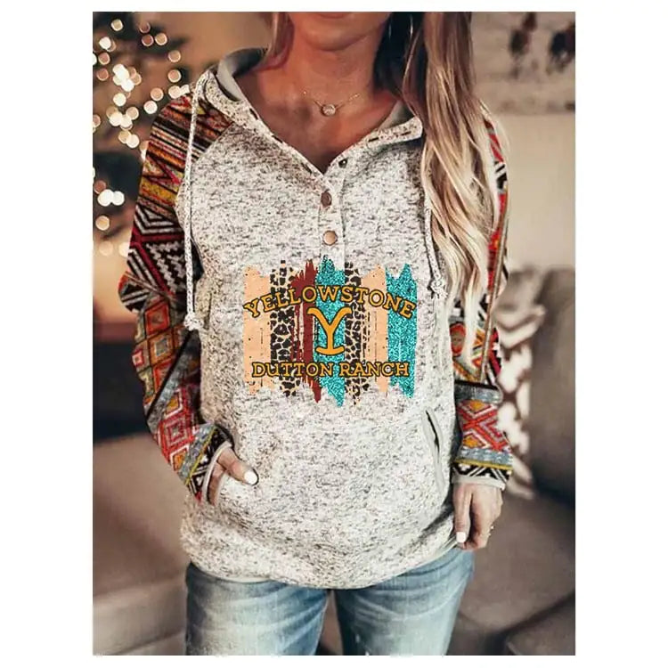Women Grey Yellowstone Dutton Ranch Graphic Hooded Pullover Sweater - Image 15