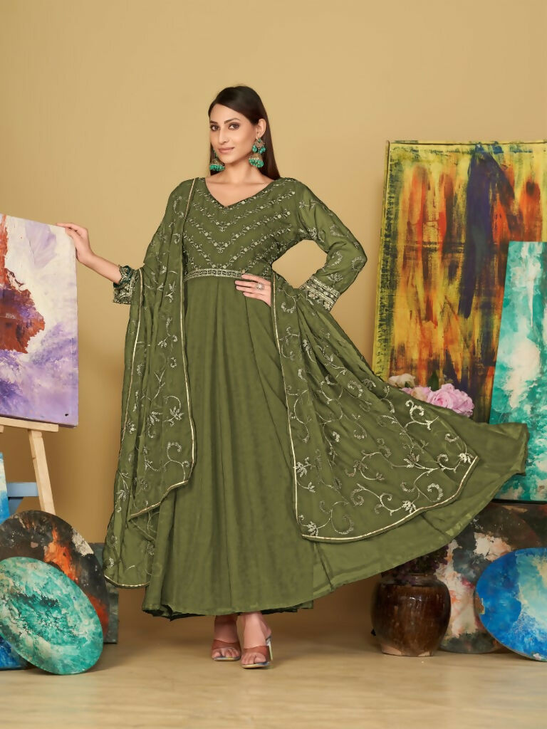 Women wearing an Olive Green Georgette Embroidered Anarkali Kurta set with matching dupatta