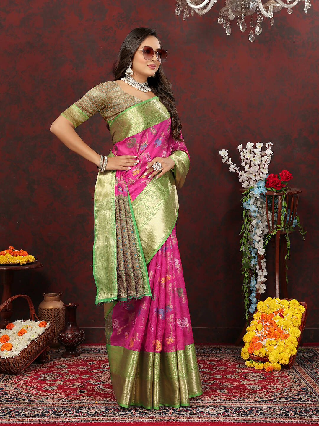 Pink Cotton Saree with Zari Meenakari Woven Design