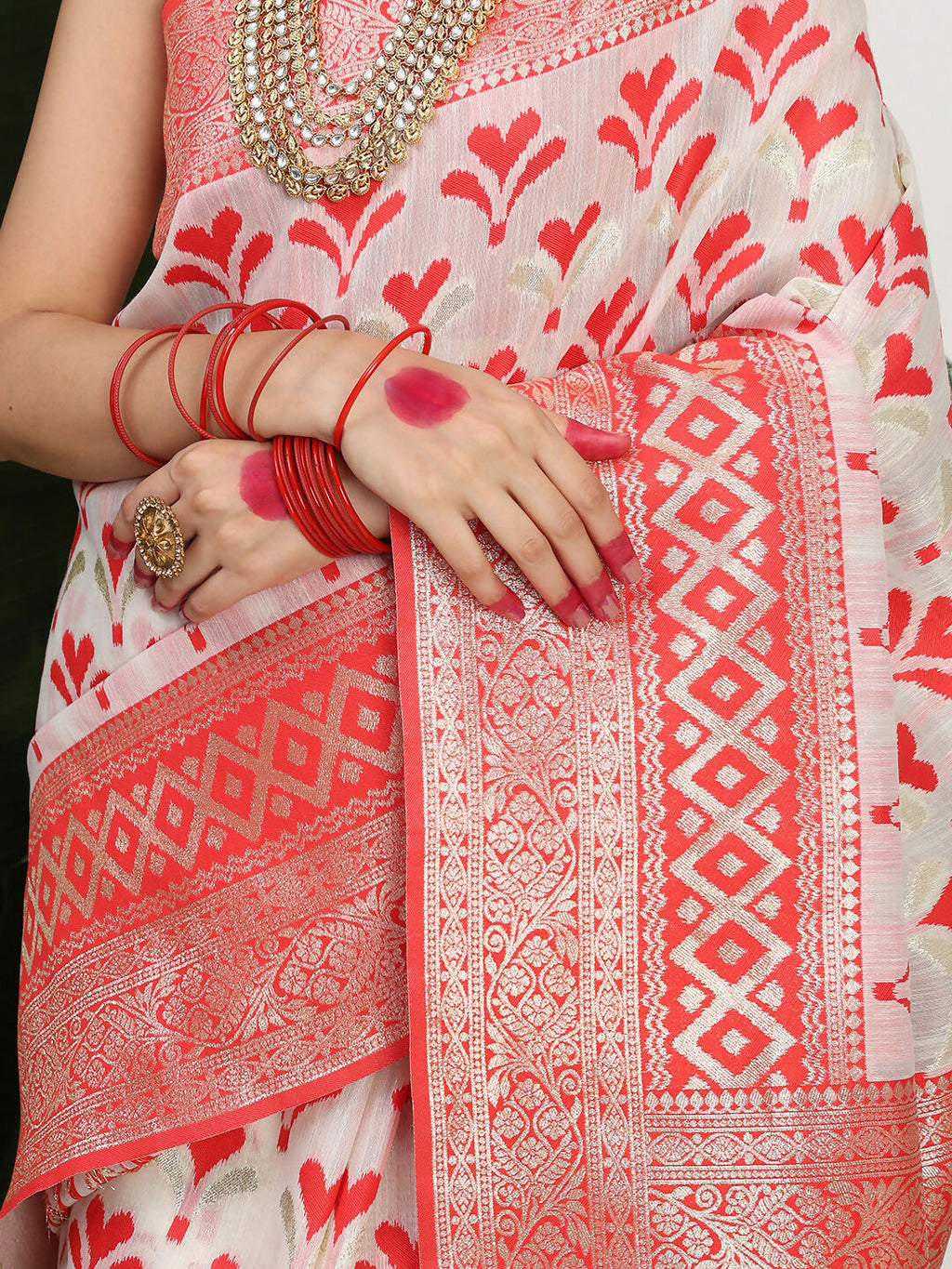 Red and White Linen Cotton Saree with Matching Blouse