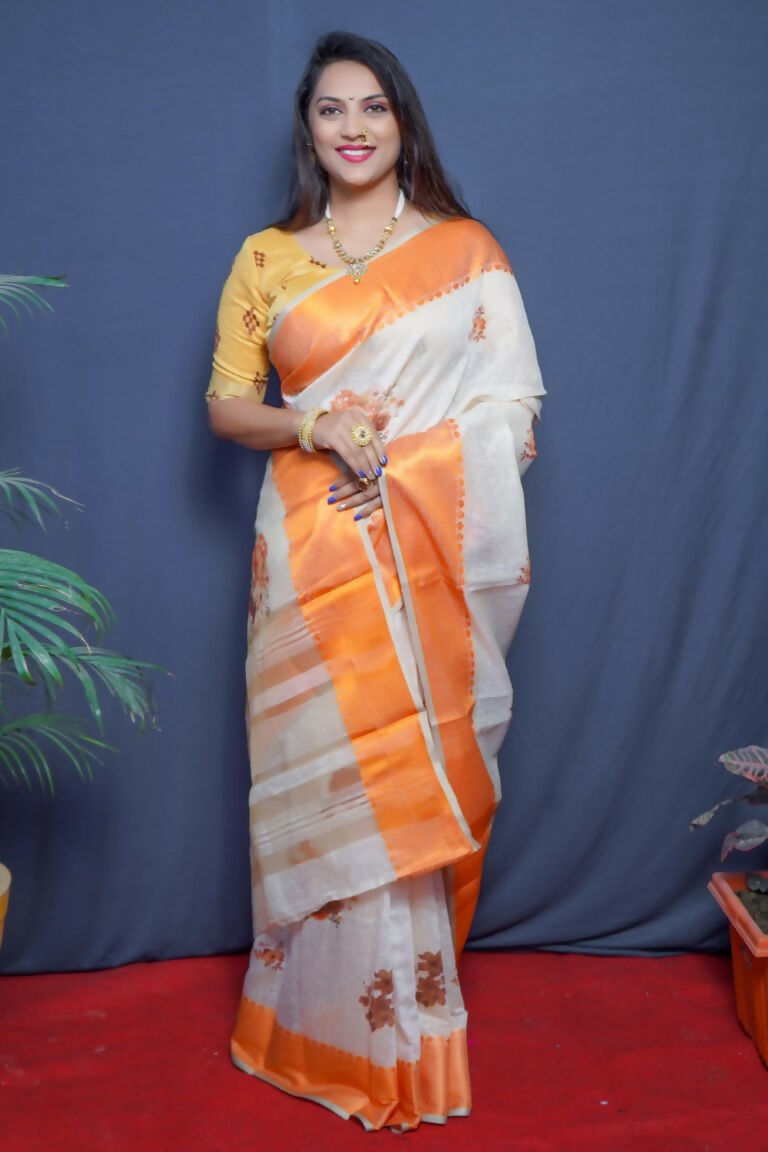 Orange Linen Silk Digital Print Saree with Jacquard Border