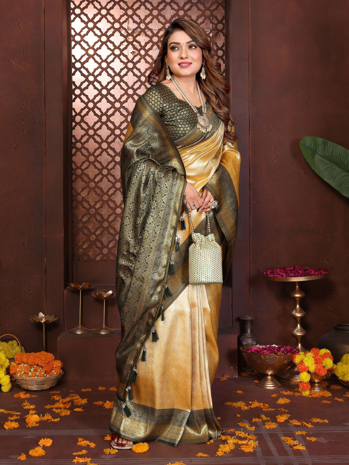 Cream Tissue Silk Woven Saree with Elegant Traditional Drape
