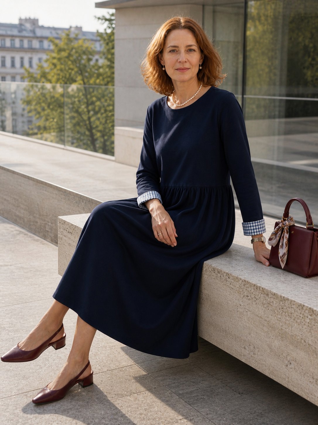 Organic Cotton Patchwork Cuff Crew Neck Casual Midi Dress SCARLETT