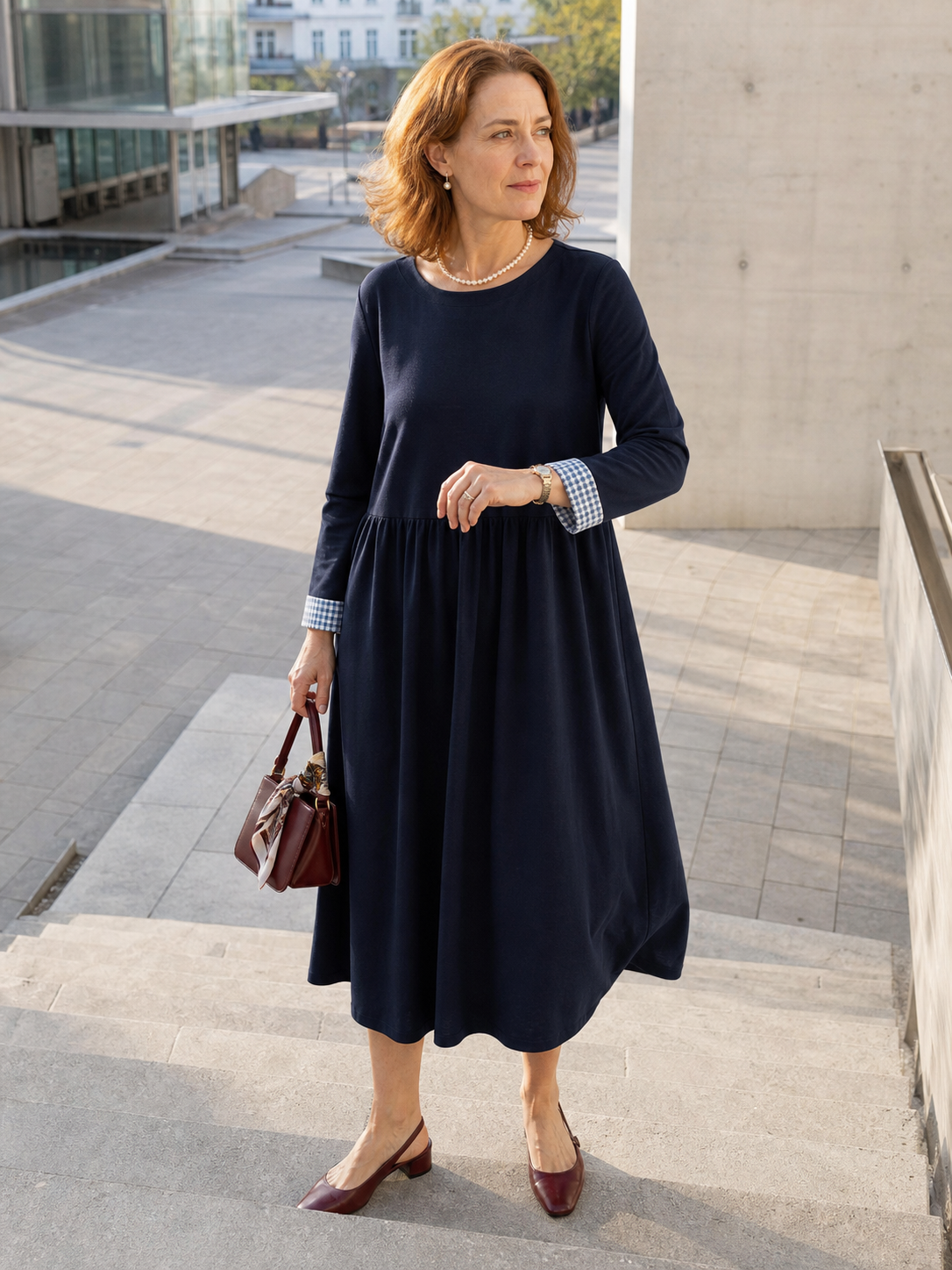 Organic Cotton Patchwork Cuff Crew Neck Casual Midi Dress SCARLETT