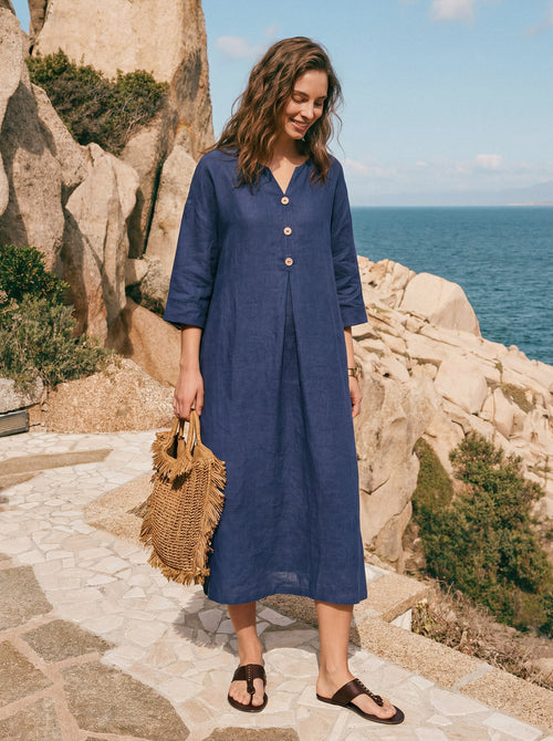 100% Linen Notch Neck Inverted Pleat Maxi Dress MATILDE