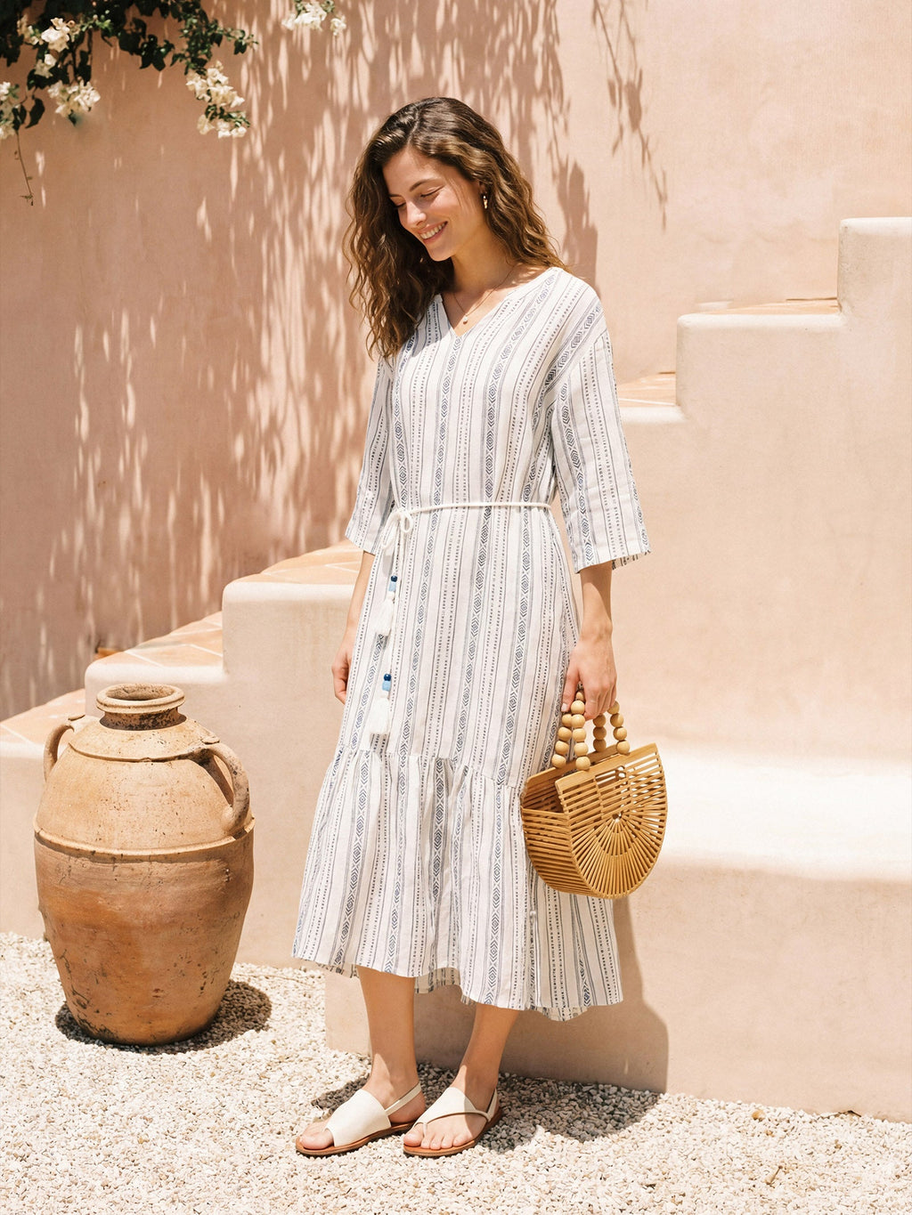 Linen Tribal Stripe Split Neck Bohemian Ruffle Maxi Dress with Woven Belt and Slip MARLOWE